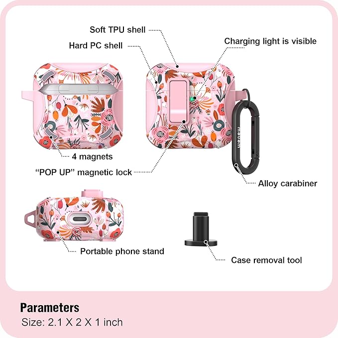 wenew Compatible with AirPods 4th Generation Case Cover with Phone Stand, Cleaner, Clip, Compatible with Magsafe Charger, One-Click Pop Open Lock iPod 4th Case (Pink 1, AirPods 4th)