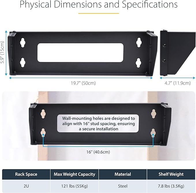 StarTech.com 2U Vertical Wall-Mount Bracket for 19inch Rack Mountable Equipment, 121lb/55kg Capacity, for Patch Panels/Servers