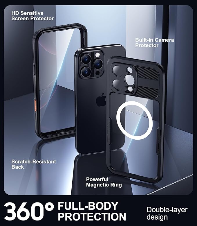 Red2Fire Magnetic for iPhone 16 Pro Case Waterproof, [Built-in Screen Protector][Compatible with MagSafe] [Full Body Shockproof] [Dustproof] Heavy Duty Rugged Phone Cover 6.3" Black