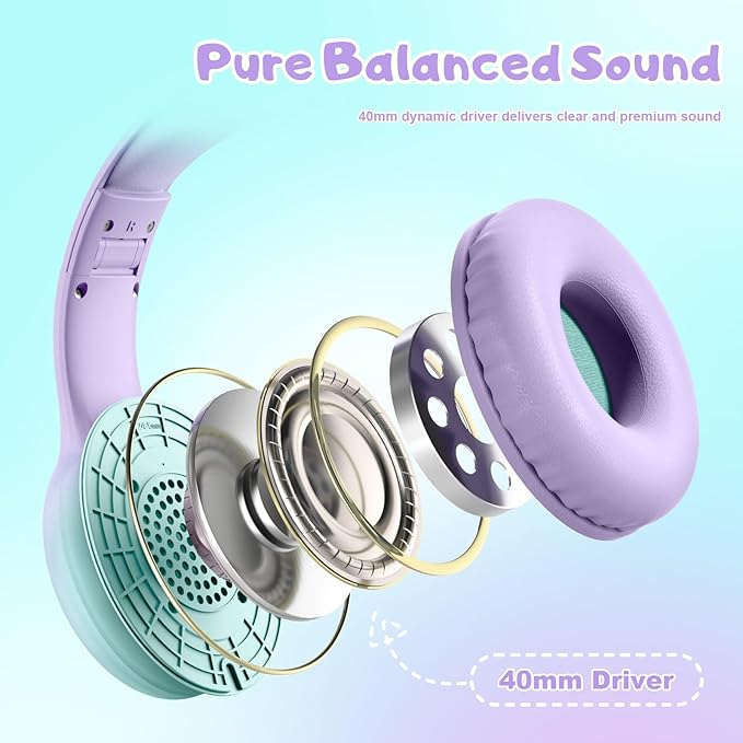 Kids Headphones, Wired Headphones for Kids with Microphone 85/94dB Volume Limit, Stereo Sound Portable Over Ear Headphones for School/Travel/Tablet/iPad, Green Violet