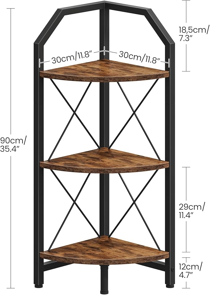 3-Tier Corner Shelf, Industrial Corner Bookshelf, 35.4" Storage Stand, Plant Stand Display Shelf, Bookcase for Bedroom, Living Room, Home Office, Rustic Brown and Black TCJ03BF