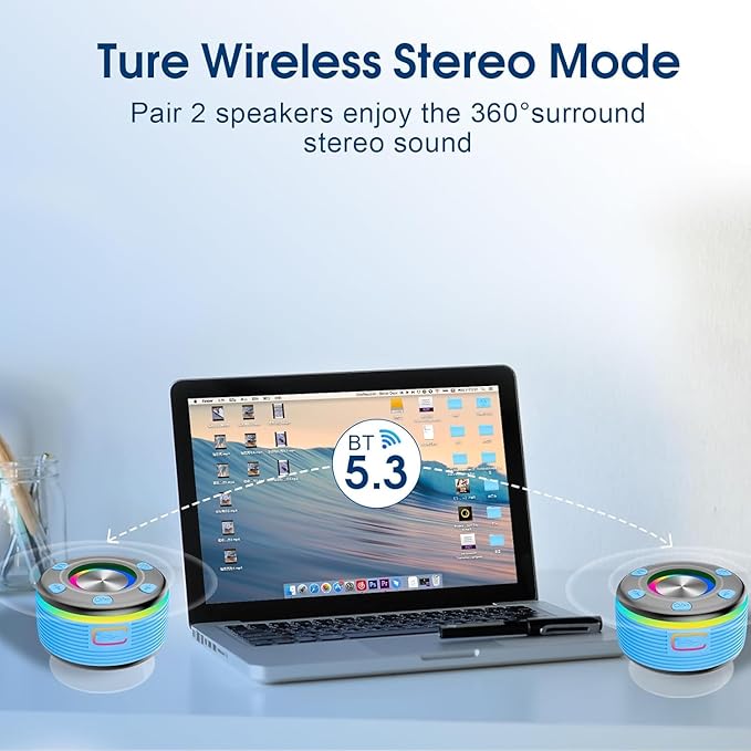 OYIB Bluetooth Shower Speaker, Portable Bluetooth Speaker 360° HD Sound, RGB Lights, IPX7 Waterproof Wireless Speaker with Suction Cup and Mic, Shower Radio for Party/Outdoor/Travel/Gifts/Blue