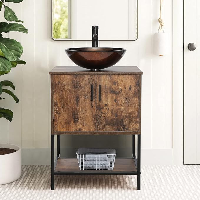 eclife 24" Bathroom Vanity Sink Combo Cabinet Modern Stand Pedestal Bronze Round Tempered Glass Vessel Sink & 1.5 GPM Water Save Faucet & Solid Brass Pop Up Drain (A09 B16BR)