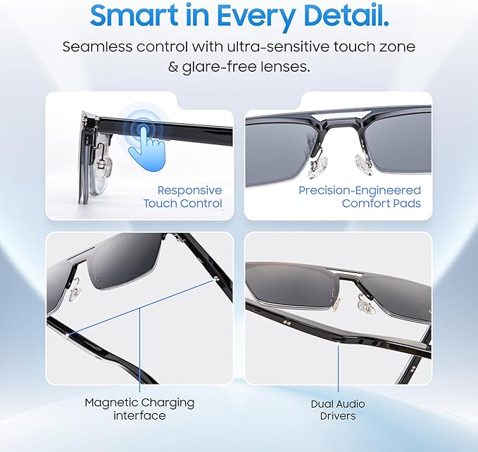 LIMU Gen 5 Smart Glasses, AI Glasses with Real-Time AI Interpreter - Open-Ear Bluetooth Glasses with Speakers, Aluminum-Magnesium Alloy Build, Auto On/Off, Magnetic Lenses for Women & Men