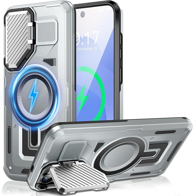 Camera Stand Case for Galaxy S24/S25, [Compatible with Mag Safe][Lens Cover] 2024 Version Military Grade Protective Soft Case for Samsung Galaxy S24/S25 6.2" Men Women, Grey