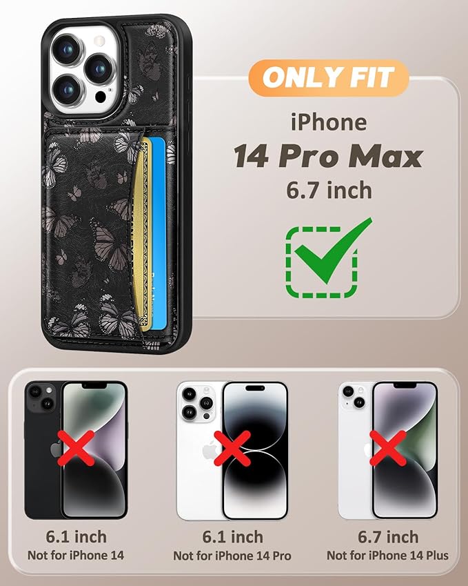 for iPhone 14 Pro Max Case with Wallet - Fits 4 Card Slots, Compatible with MagSafe for Women Aesthetic PU Leather Credit Card Holder Kickstand Phone Cover for Apple 14 Promax, Black Butterfly