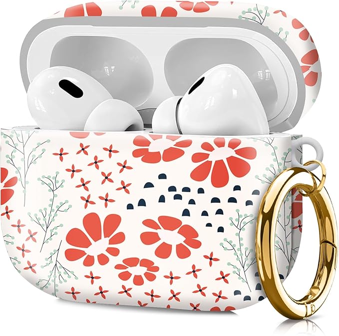 Compatible with Airpod pro 2nd/1st Generation Case Cover with Gold Round Keychain Cute Pattern Hard & Anti Slip Cover for Men Women & Girls（Abstract Plant）