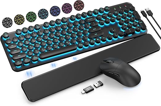 Wireless Keyboard and Mouse Backlit - Round Keycaps, Magnetic Wrist Rest