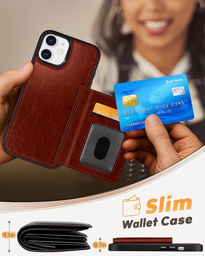 for iPhone 11 Case with Wallet - Fits 4 Card Slots, Compatible with MagSafe for Women Men Durable PU Leather Credit Card Holder Kickstand Phone Cover for Apple 11, Brown