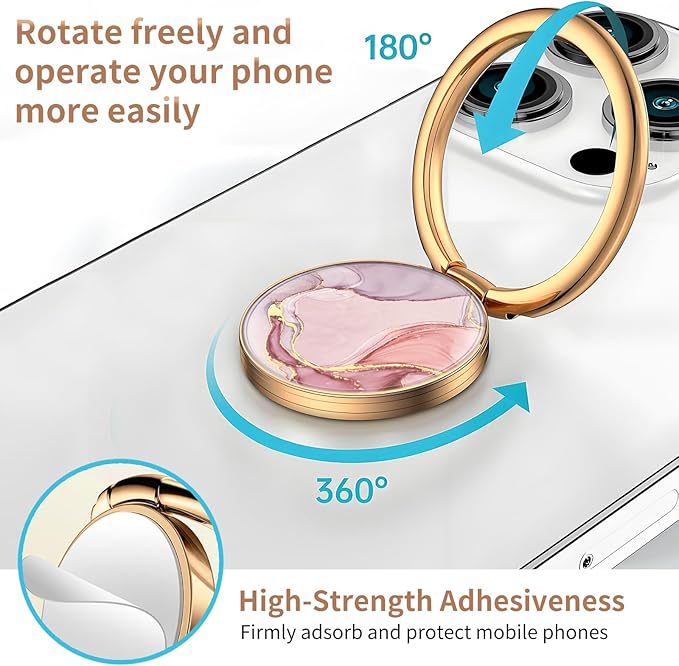 Cell Phone Ring Holder, Cute Metal Phone Grip Stand Finger Ring Kickstand, Flexible 360°Rotation Phone Tablet Case Accessories Compatible with Most Phones Pink Marble