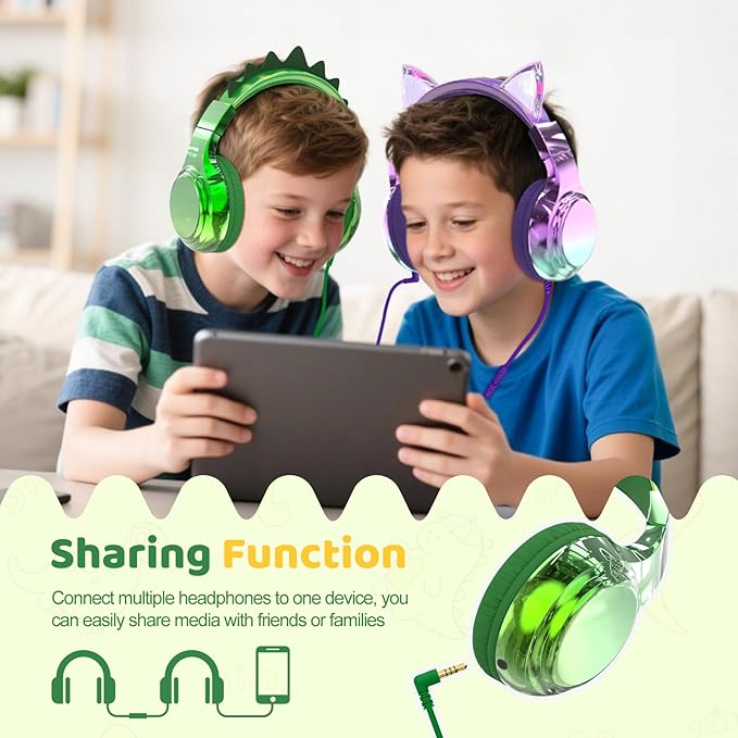QearFun Kids Unicorn Headphones with USB C for Girls with Microphone, 85/94dB Safe Volume Limiter, Tangle-Free Cord, Share Port, Foldable Sparkly Wired Headset for School, Travel, Tablet, iPad