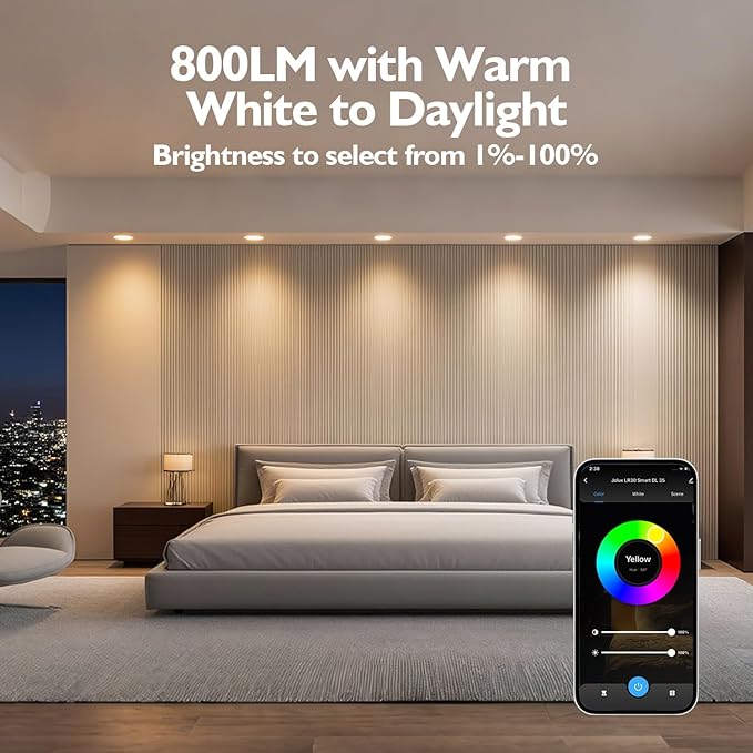 Jolux Smart LED Recessed Lighting 6 Inch RGBCW Color Changing, 12W 800LM LED Downlight, Alexa Google Assistant Compatible, 1Pack