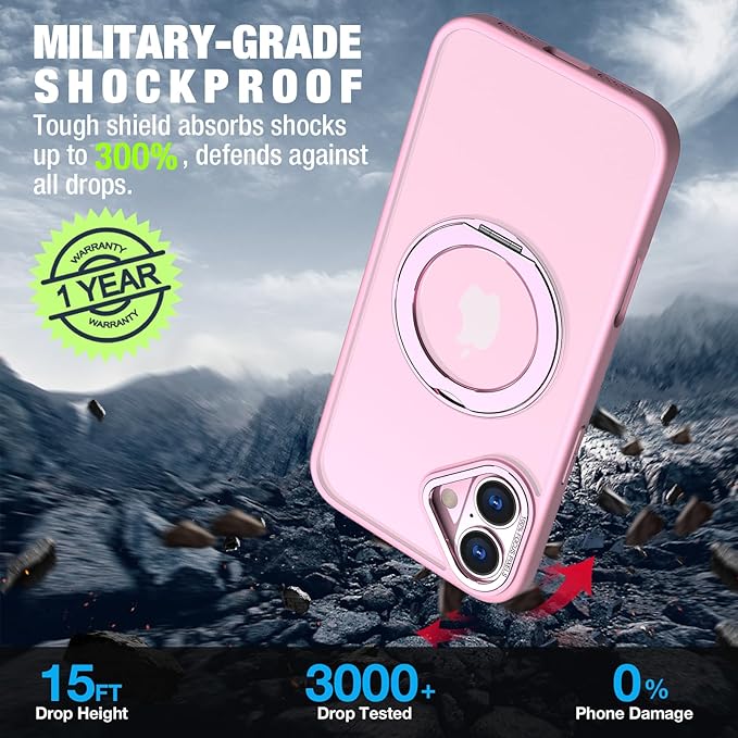 for iPhone 16 Case with Screen Protector & Lens Protector [15 FT Military Drop Protection] Magnetic Kickstand Compatible with MagSafe Slim Translucent Case (Sakura Pink)