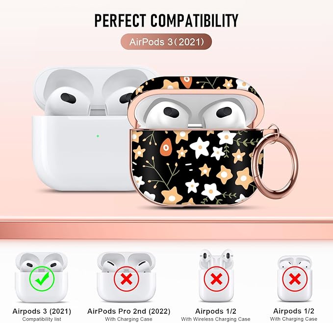 Maxjoy for AirPods 3rd Generation Case, Unique Design Hard Protective Shockproof Airpods 3 Cover with Keychain, Compatible with Apple AirPods 3rd Charging Case, Black Star Flowers Lanyard