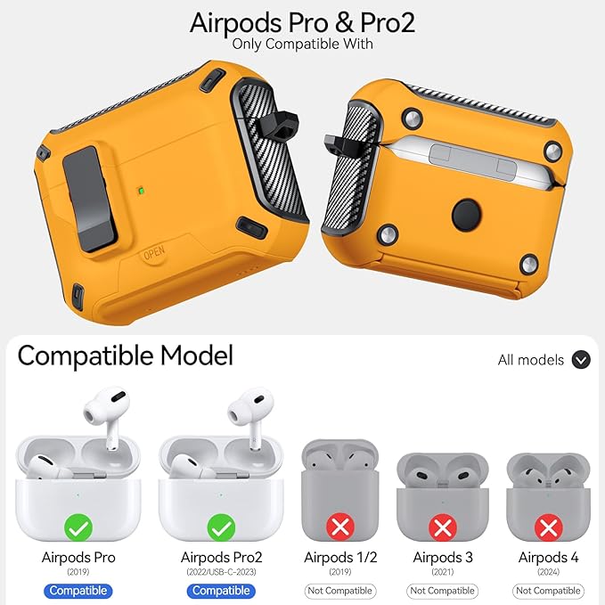 for AirPods Pro 2nd/1st Case (2023/2022/2019) with Phone Stand,（with Automatic Snap Switch） Carbon Fiber Design Protection Cover with Cleaning Pen,Yellow