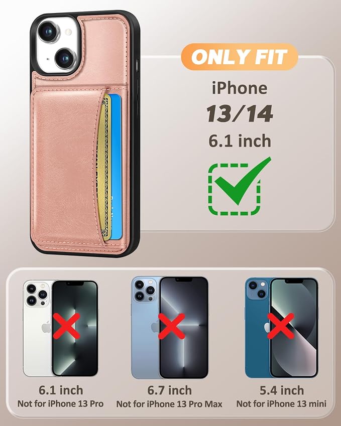 for iPhone 14/13 Case with Wallet - Fits 4 Card Slots, Compatible with MagSafe for Women Aesthetic Durable PU Leather Credit Card Holder Kickstand Phone Cover for Apple 14/13, Rose Gold
