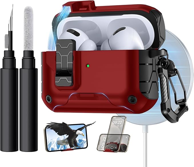 Lerobo for AirPods Pro 2 Case with Phone Stand, Hard Protective Cover with Cleaner Kit Compatible with Magsafe for AirPod Pro Case Cover, Magnetic Automatic Lock,Drop Protection, Wireless Charging,Red