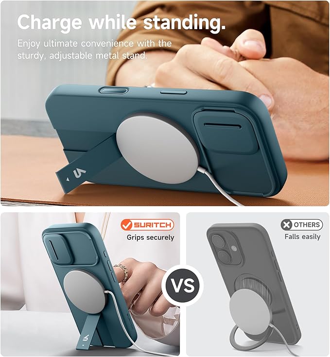 SURITCH for iPhone 17 Case with Camera Control Cover, Camera Slide Cover and Adjustable Kickstand, Compatible with MagSafe, Shockproof Bumper Protective Cases 6.3 Inch, Lake Green