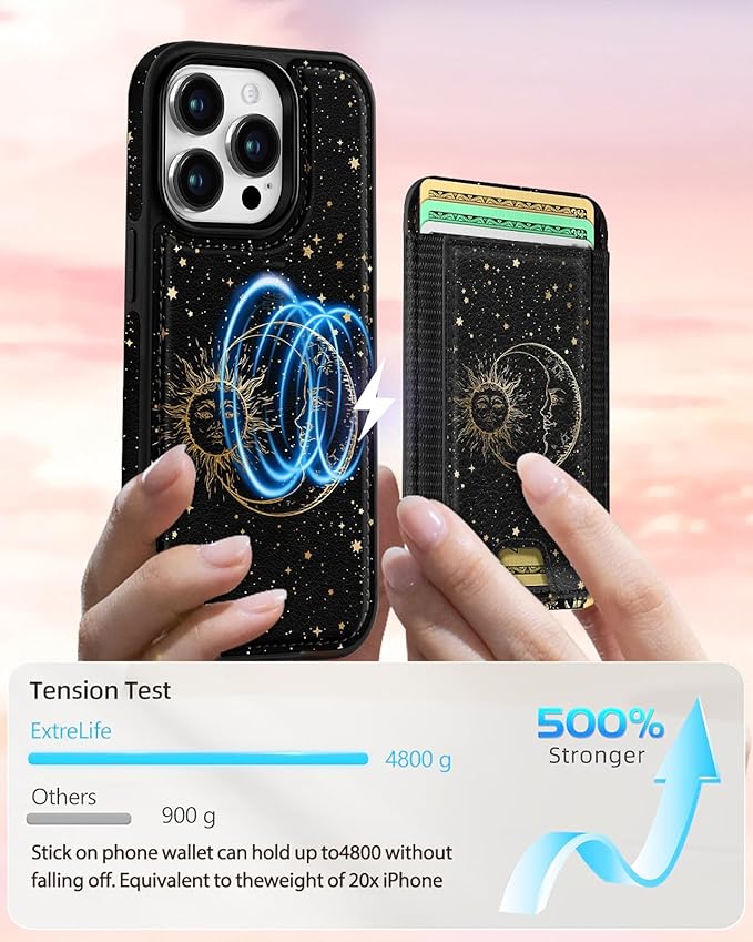 Shorogyt for iPhone 14 Pro Case Wallet - Fits 5 Cards, Compatible with Magsafe Detachable Magnetic Credit Card Holder Leather Cardholder Cute Phone Cover Women Girls for Apple 14Pro, Sun Moon