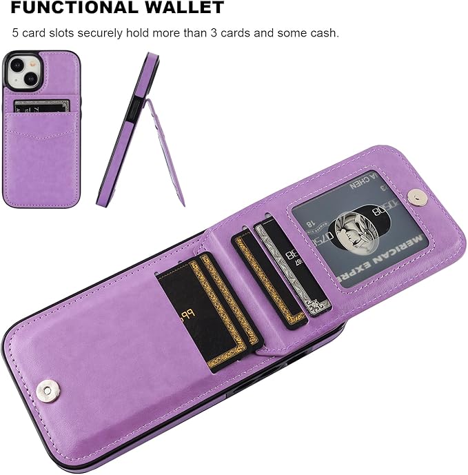 KIHUWEY Compatible with 15 Case Wallet with Credit Card Holder, Flip Premium Leather Magnetic Clasp Kickstand Heavy Duty Protective Cover for 15 6.1 Inch (Pruple) Purple