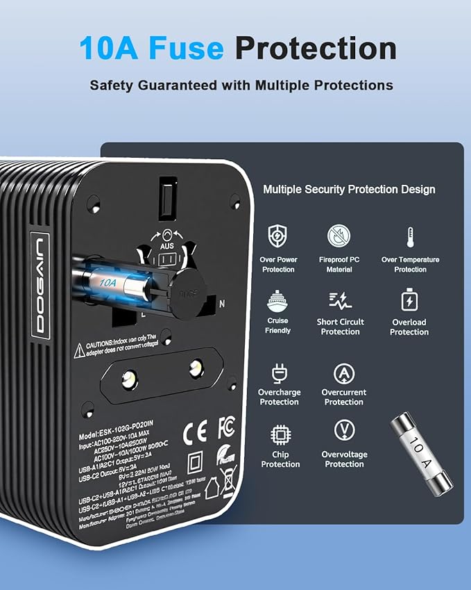Universal Travel Adapter, PD 20W MAX International Power Adapter with 2 USB-C & 2 USB-A Ports, All-in-One Portable Travel Adapter, Worldwide Wall Charger for USA, UK, EU, AU, Travel Essentials (Black)