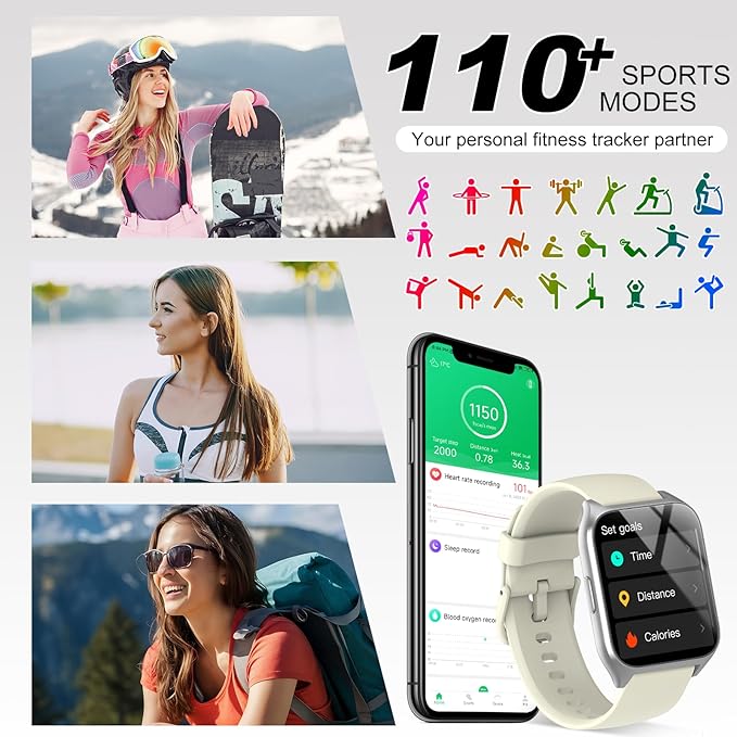 Smart Watch, 1.85" HD Smartwatches for Men Women (Answer/Make Calls), 100+ Sport Modes Fitness Tracker Watch, Heart Rate/Sleep Monitor, IP68 Waterproof Activity Tracker, Smartwatch Bee White