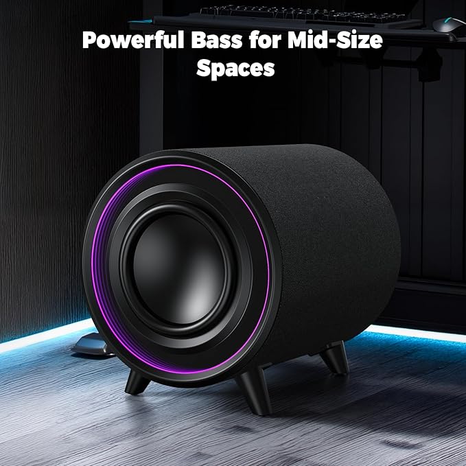 Powered Subwoofer, 100W Peak Sub with DSP, 6.5’’ Subs with Infinity Mirror - 3D Tunnel Light, 6 LED Home Theater Subwoofers, 40Hz-250Hz, Class-D Amp, Low Pass dial, Phase Switch