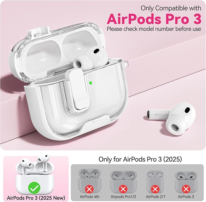 for Airpods Pro 3 Case 2025, Anti-Yellowing Clear Case for Airpods Pro 3 with Secure Lock & Phone Stand, Soft TPU Drop Protection Cover with Cleaning Kit (White)