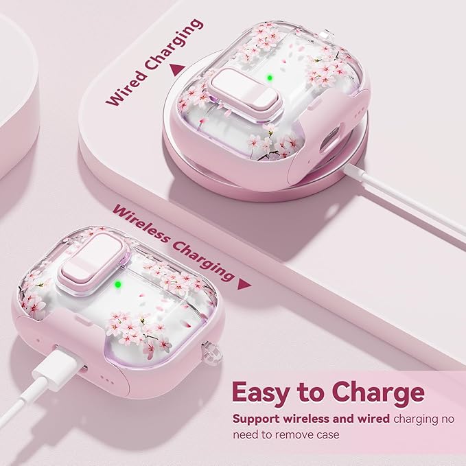 with Safety Lock for AirPods Pro 3 Case 2025,Clear Floral Cute Airpods Pro 3rd Generation Case with Phone Stand & Cleaner Kit for Apple AirPods Pro 3 for Women Girly-Cherry Blossom