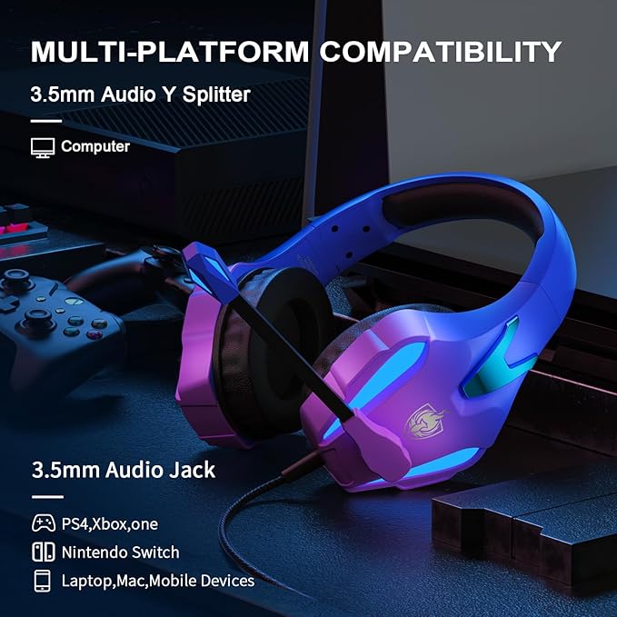 PHOINIKAS PS4 Gaming Headset for PC, Switch, PS5 Headset with 7.1 Stereo Sound, Gaming Headphones with Noise Cancelling Mic, LED Light, Over Ear Headset for Laptop, Mobile (Violet)