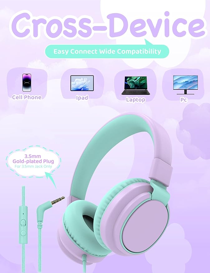 MIDOLA Headphone Kids Volume Limited 85/110dB Wired Over-Ear/On-Ear Foldable Headset with Inline Cable AUX 3.5mm Cord Mic for Boy Girl Child PC Notebook Tablet Light Purple