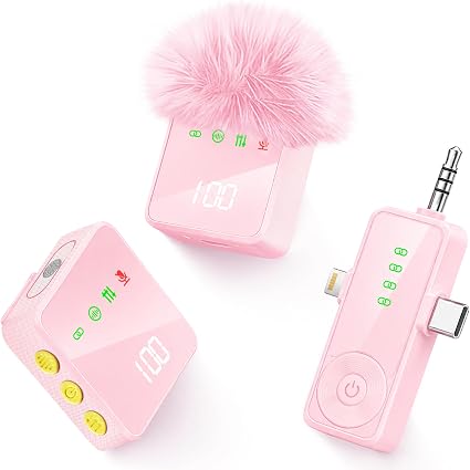 3 in 1 Wireless Lavalier Microphone for iPhone Android Camera-Pink
