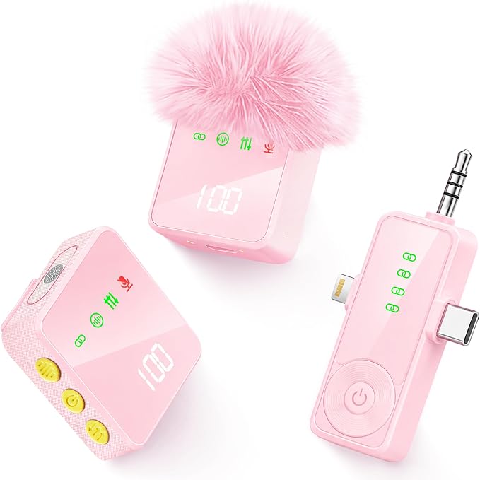 3 in 1 Wireless Lavalier Microphone for iPhone Android Camera-Pink