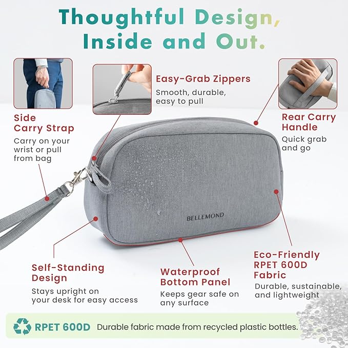 BELLEMOND「Totono+」| Cord Organizer Tech Pouch | Travel Electronics Organizer Case for Cables & Chargers | Hidden AirTag Slot & Cable Pass-Through | Designed in Japan | Sumi Black