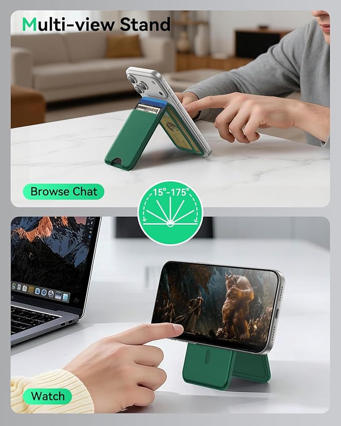 for MagSafe Wallet with Stand, 5 Card Holder, Slim Leather Magnetic Wallet for iPhone 17/16/15/14/13/12 Pro Max Plus Air Series, 3 Card Slots & 1 Cash Slot,Green