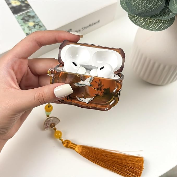 Compatible with AirPods Pro 2 Case Soft with Cleaner Kit Keychain Cute Lucky Elegant Crane Girls Women Cover for Airpods Pro 2/Pro -Brown