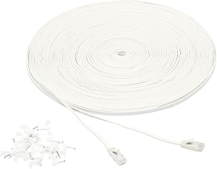 Amazon Basics Cat 6 Ethernet RJ45 10Gbps Flat Network Cable, 100ft Snagless with Gold-Plated Connectors, Outdoor & Indoor Solid Patch Cord with Clips for Router, Modem, Gaming, Computer, White