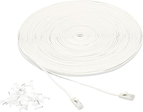 Amazon Basics Cat 6 Ethernet RJ45 10Gbps Flat Network Cable, 100ft Snagless with Gold-Plated Connectors, Outdoor & Indoor Solid Patch Cord with Clips for Router, Modem, Gaming, Computer, White