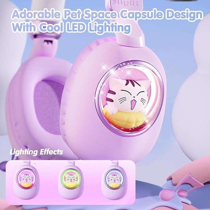 esonstyle Cat Ear Headphones for Kids - Bluetooth 5.4 On-Ear Noise Cancelling Headphones with Microphone 85dB Safe Volume Limit Wireless or 3.5mm Wired Mode USB C for School Learning Travel (Purple)