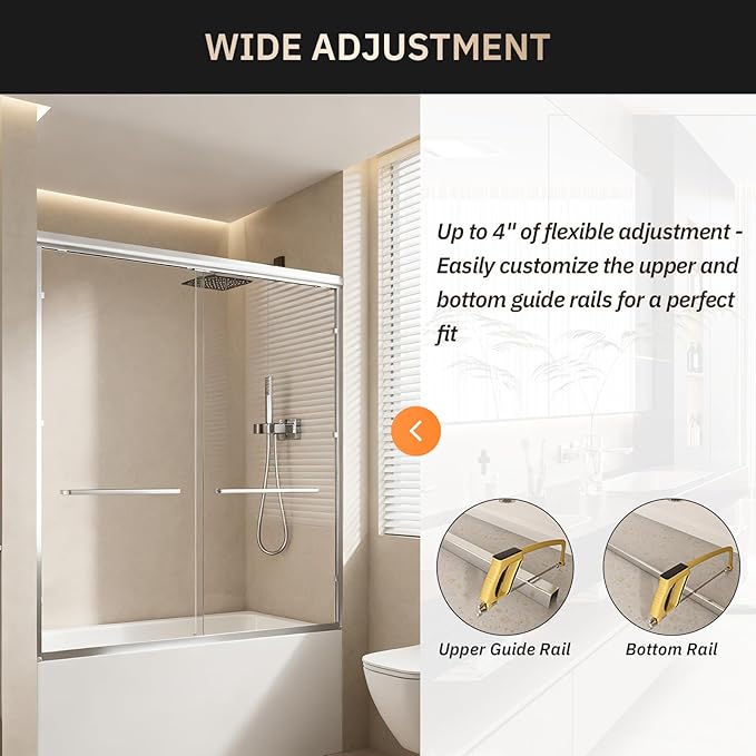 Tub Shower Door, 56-60" W x 57" H Semi-Frameless Bypass Double Sliding Bathtub Door with 1/4 inch Clear Tempered Glass for Walk in Shower, Chrome