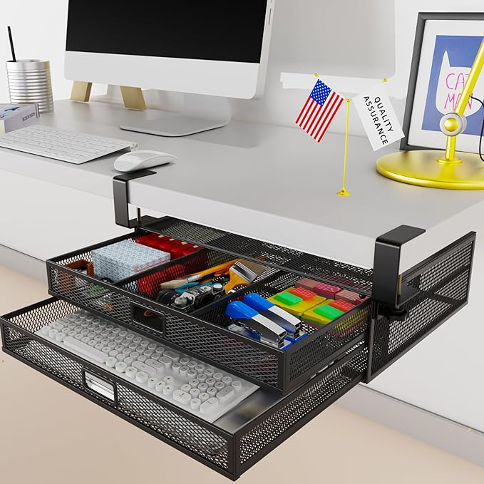 Under Desk Drawer Organizer 2-Pack - No Drilling Clamp-On Storage System