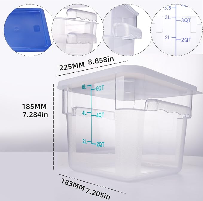 2 Pack Square Food Storage Container With Lid, 2-6 Quart Commercial Storage Box With Scale & Handle, Cake Making, Dough Marinating Meat, Kitchen Supplies (6 Quart)