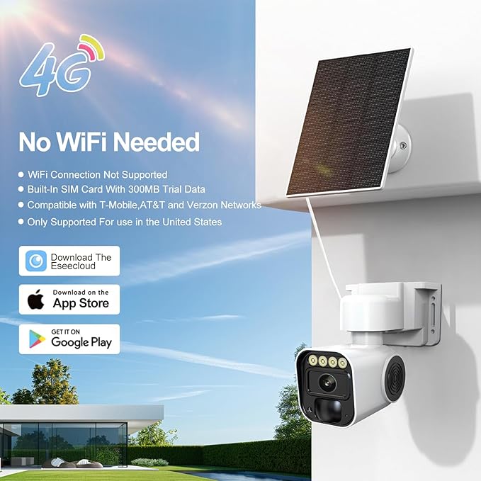 4G LTE Cellular Security Camera Solar Security Cameras Wireless Outdoor No WiFi Security Camera 24/7 Recording,2K Color Night Vision,2-Way Talk,Cloud & SD Card Storage,IP65,Built-in SIM Card
