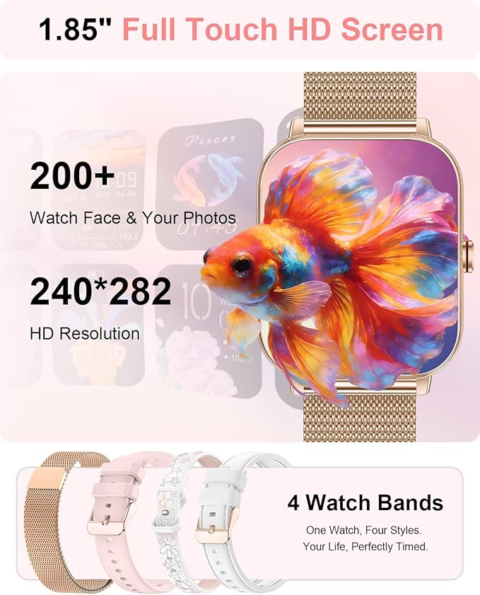 Smart Watches for Women,1.85'' HD Smartwatch with 30 Day+Battery Life Make/Answer Calls,Heart Rate/SpO2/Sleep Monitor, 120+ Sports IP68 Fitness Tracker for Android iOS(1000mAh,4 Bands,Rose Gold)