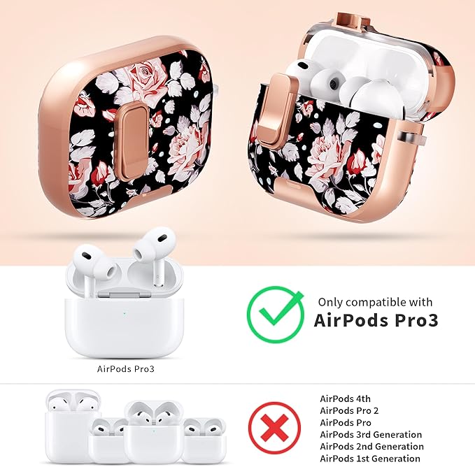 for AirPods Pro 3 Case(2025) with Secure Lock Clip and Phone Stand,Floral Girly Style Protective Cover with Cleaning Kit and Hand Strap for Apple AirPod Pro 3 Generation (Rose Petals)