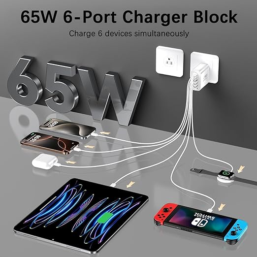 65W USB C Charger Block,2Pack Type C Charger Fast Charging Block, 6 Port GaN PD&QC Wall Plug 6in1 Multiport Power Adapter for iPhone 17 Pro Max/16e/15/14/13/12/11/SE/X/XS/XR,iPad Pro/Air,Galaxy