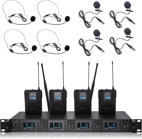 4 Channel UHF Wireless Microphones System with Headset/Lavalier Lapel Mics