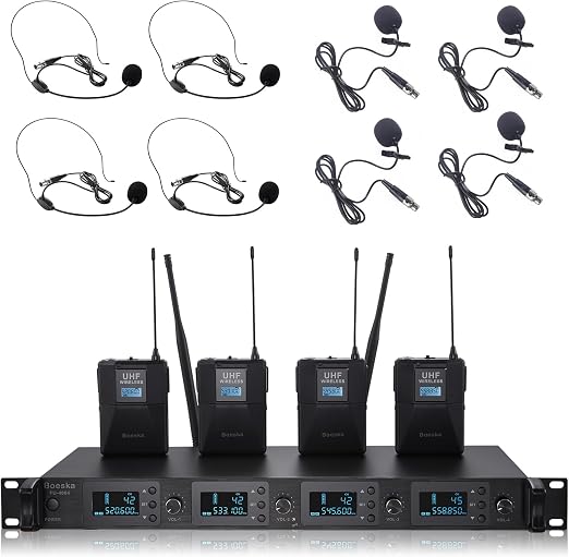 4 Channel UHF Wireless Microphones System with Headset/Lavalier Lapel Mics
