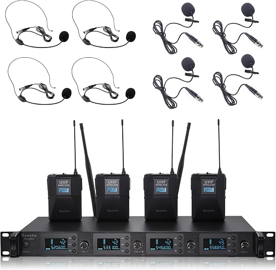 4 Channel UHF Wireless Microphones System with Headset/Lavalier Lapel Mics
