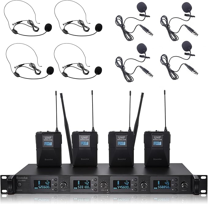 4 Channel UHF Wireless Microphones System with Headset/Lavalier Lapel Mics